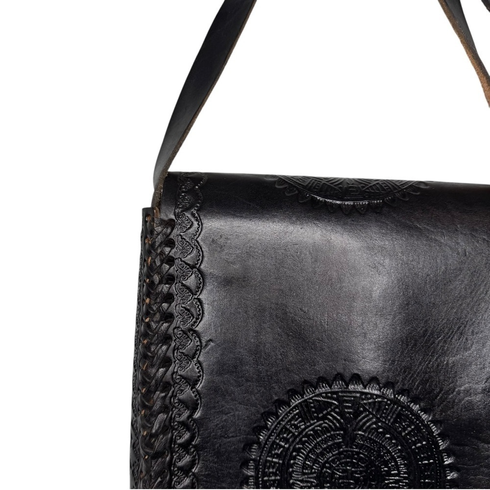 Hand Tooled Mexican Leather Crossbody Bag Black Artisan Boho Satchel OS - Picture 9 of 10